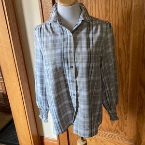 Notations, Size large, tan and brown plaid, smocked sleeves, blouse. NWT